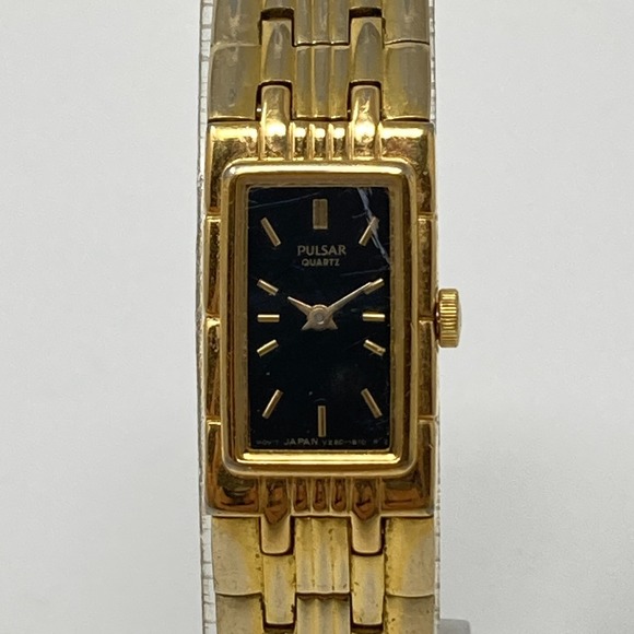 Pulsar Watch Women 14mm Gold Tone V220-6330 Black Dial Tank New Battery 6.5" - Picture 1 of 16